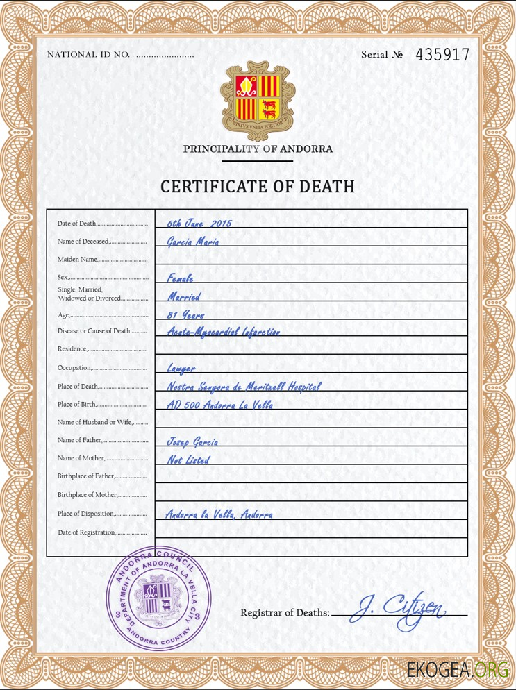 Modèle PSD de certificat de décès d'Andorre